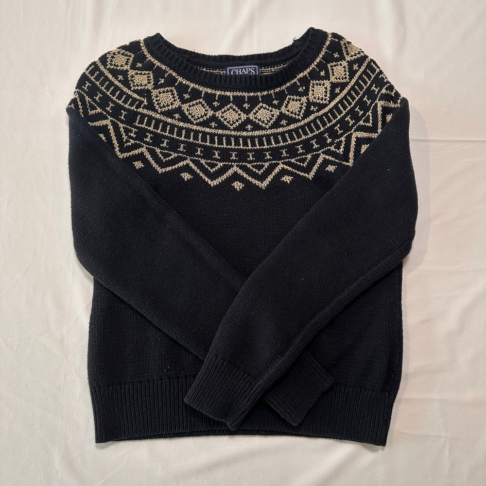 1990s CHAPS Black Fair Isle Yoke Sweater | Metallic Gold Knit Pullover | PM